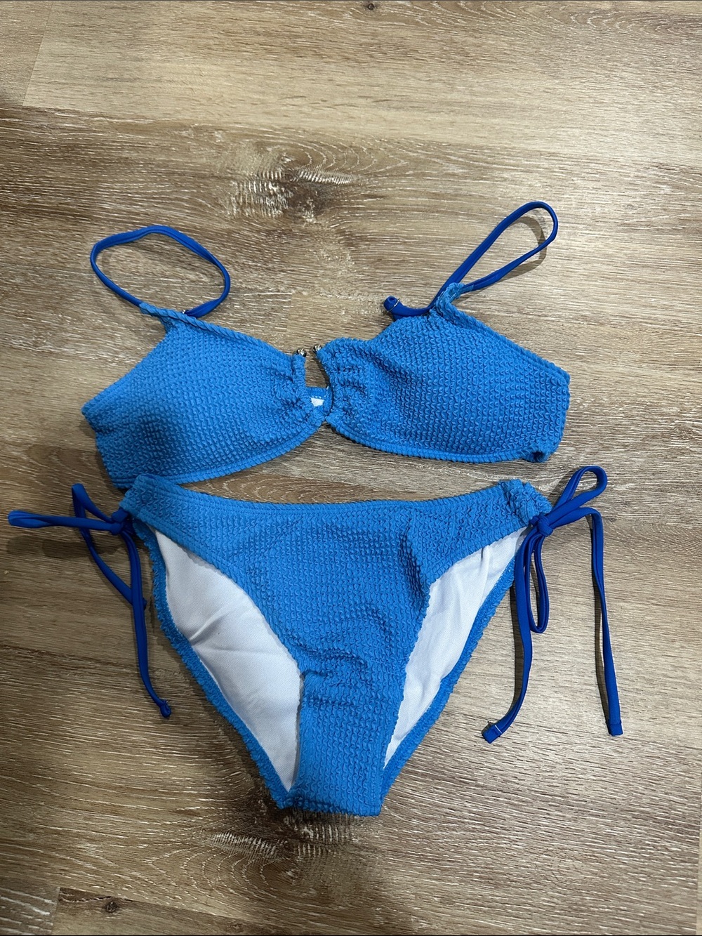 Blue Textured Tie-Side Bikini Set - Women Swim